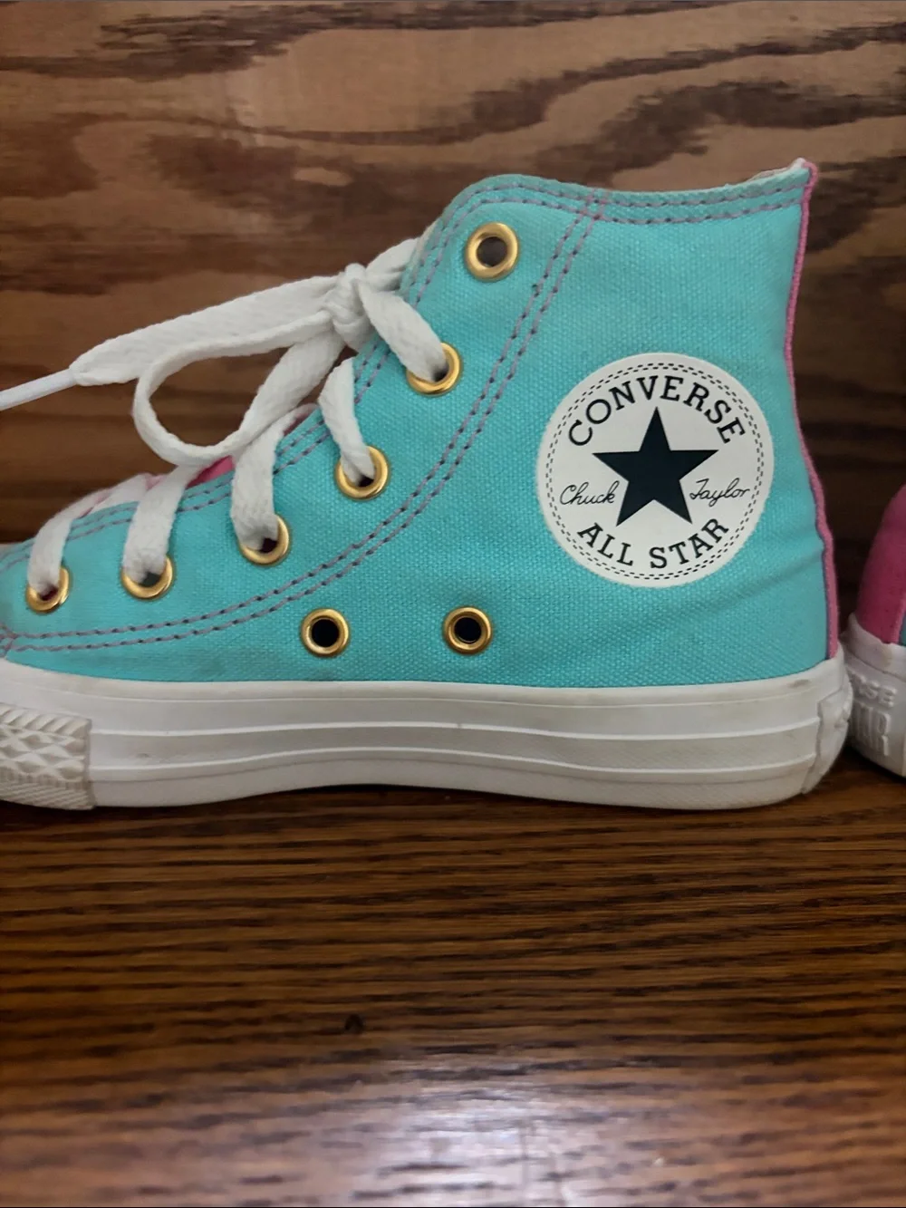 Converse Custom Kids High-Top Canvas Sneakers Turquoise w/Pink Accent - Sz 11.5